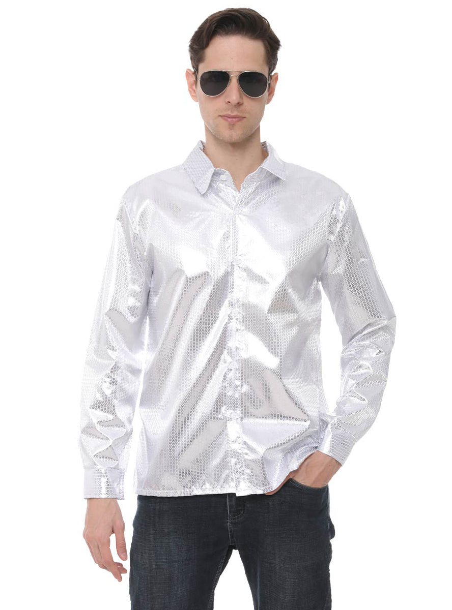 Alternative image of Silver Sequined Mens 70s Disco Costume Shirt