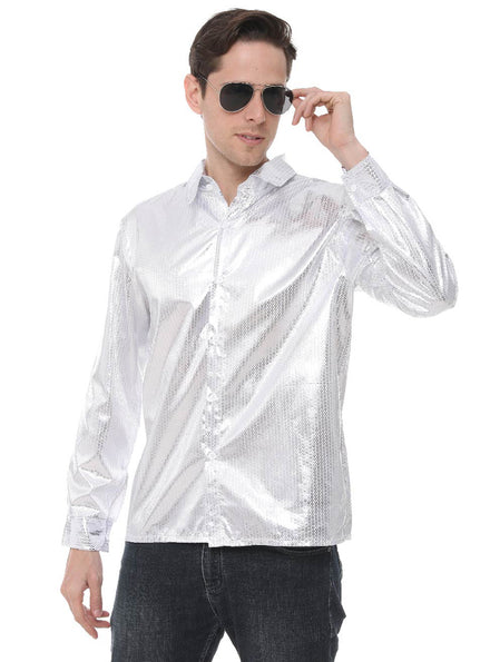 Main image of Silver Sequined Mens 70s Disco Costume Shirt