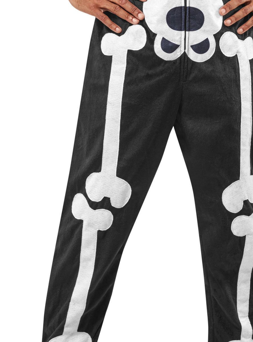 Mens Hooded Black Skeleton Onesie Halloween Costume - Close Image