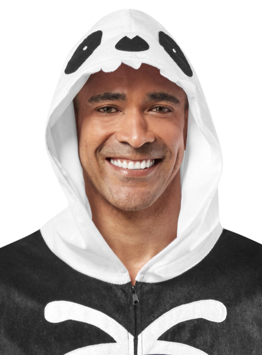 Mens Hooded Black Skeleton Onesie Halloween Costume - Hood Image