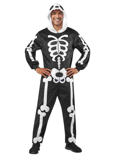 Mens Hooded Black Skeleton Onesie Halloween Costume - Main Image