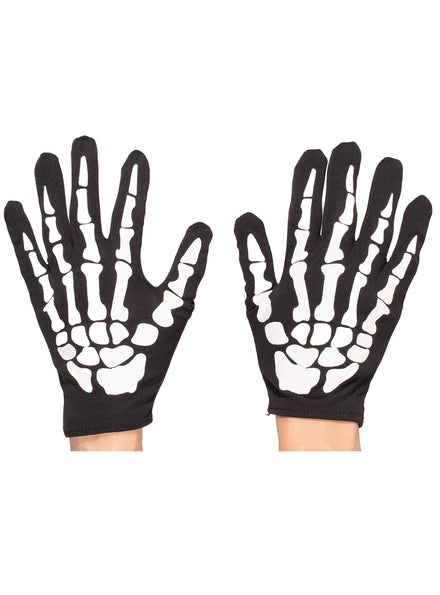 Image of Skeleton Print Short Black Halloween Costume Gloves