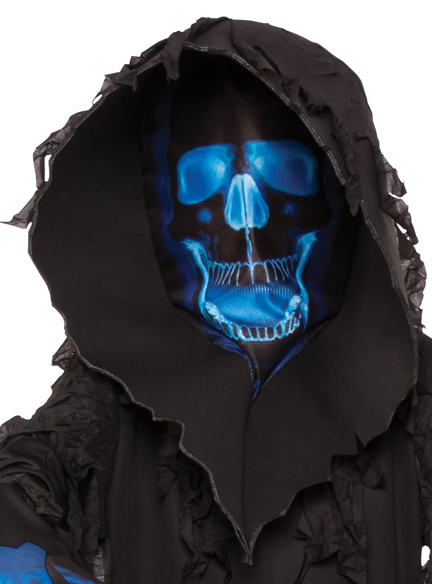 Boys Hooded Black And Blue Skull Phantom Halloween Costume - Close Image