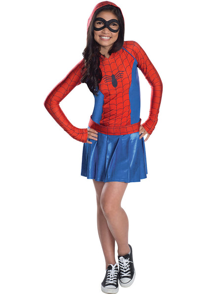 Main Image of Teen Girls Hooded Spider Girl Superhero Costume