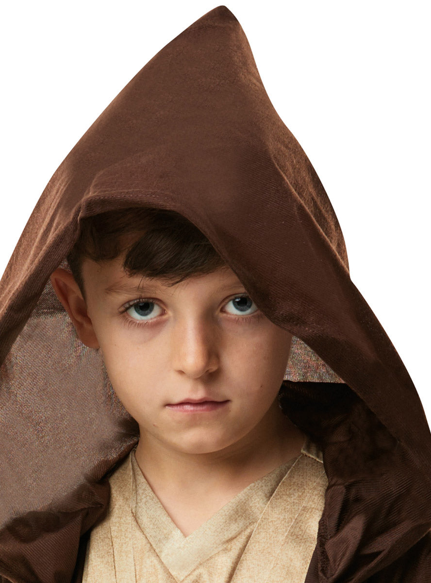 Image of Hooded Brown Jedi Knight Boys Star Wars Costume Robe - Close Up Image 1