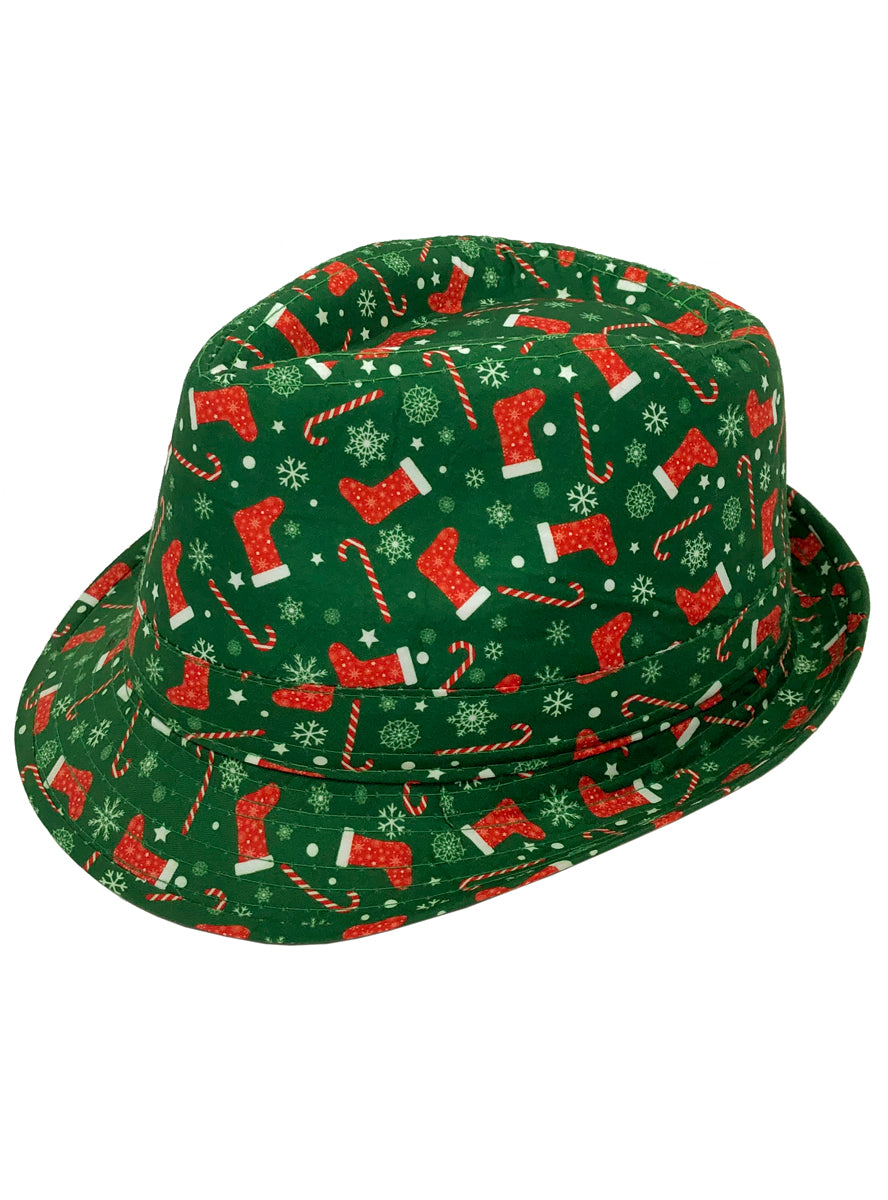 Christmas Stockings And Candy Canes Adults Green Costume Fedora Hat - Main Image