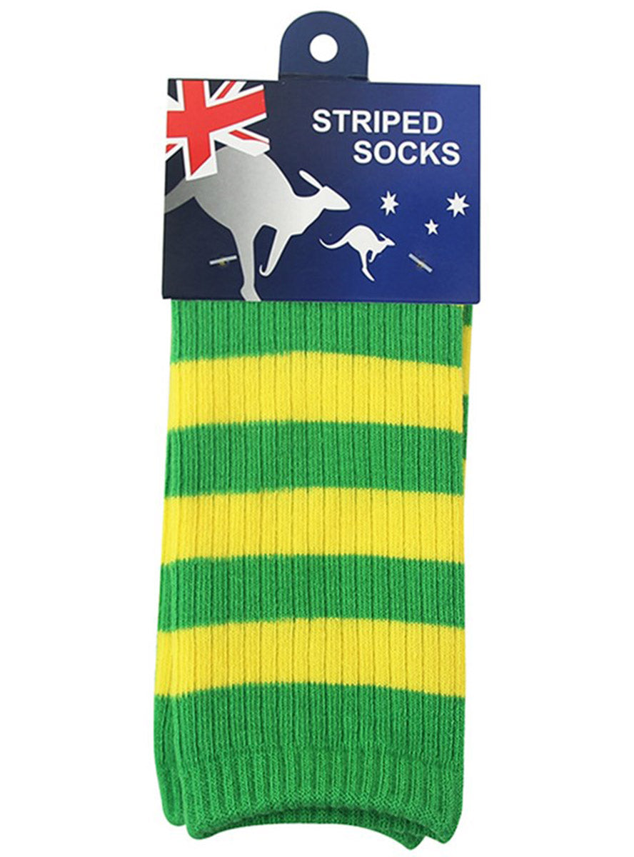 Green And Gold Striped Adults Australian Costume Socks - Packaging Image