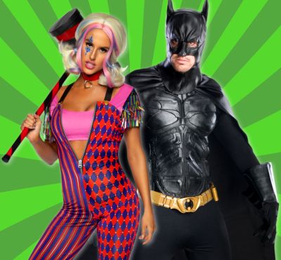 Image of a man and a woman in superhero and villain costumes