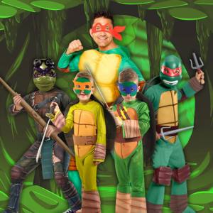 Image of boys and a men in Teenage Mutant Ninja Turtles costumes