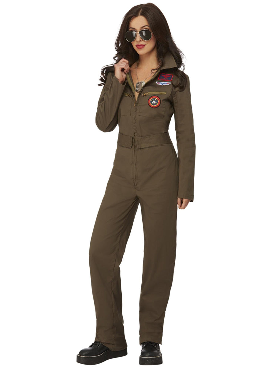 Khaki Top Gun Flight Suit Licensed Womens Costume - Front Image