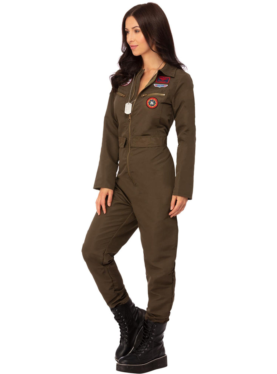 Khaki Top Gun Flight Suit Licensed Womens Costume - Side Image