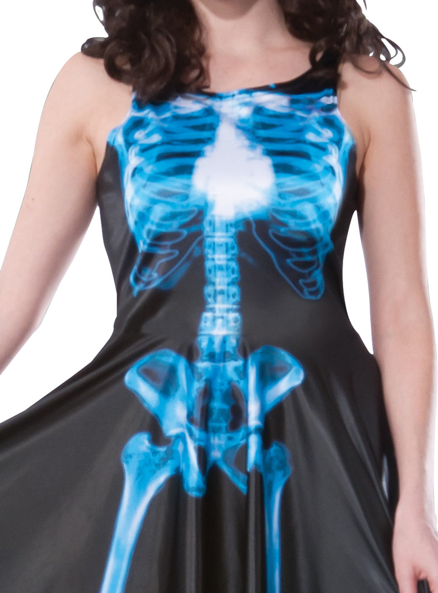 Womens Blue And Black Skeleton Costume Dress - Close Image