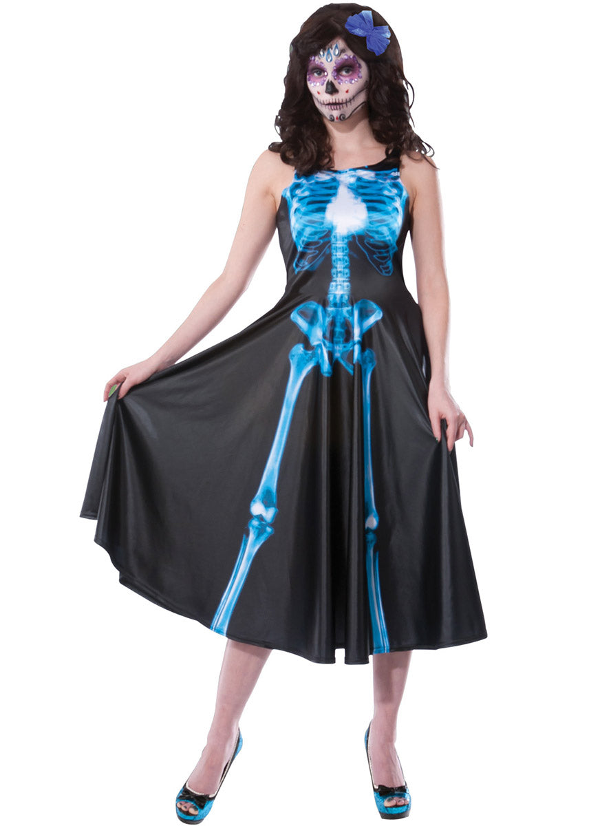 Womens Blue And Black Skeleton Costume Dress - Main Image