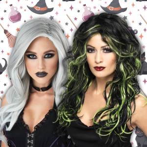 Image of two women wearing witch wigs