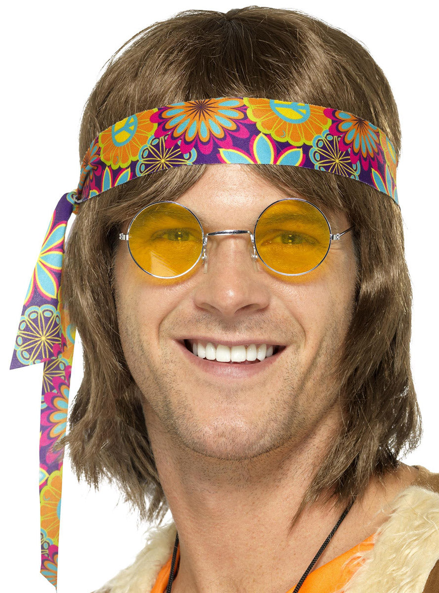 Image of Yellow Lens Mens 1970s Hippie Costume Glasses