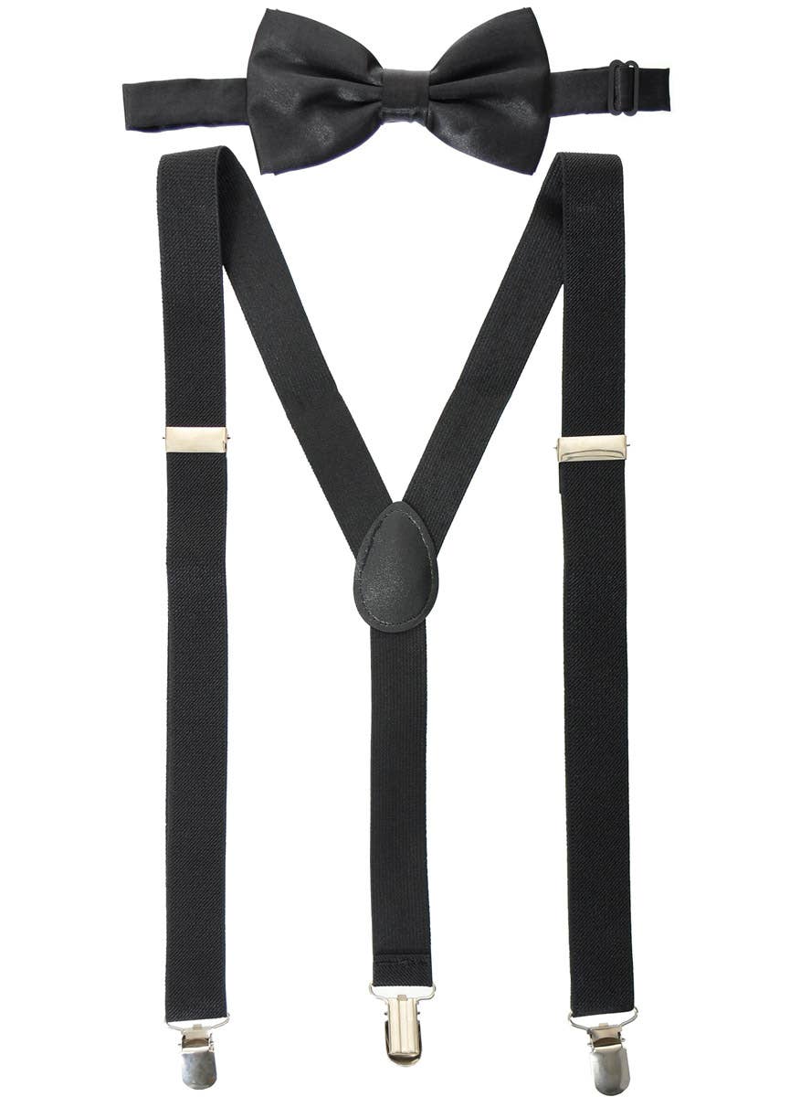 Image of Adjustable Black Suspenders and Satin Bow Tie Set