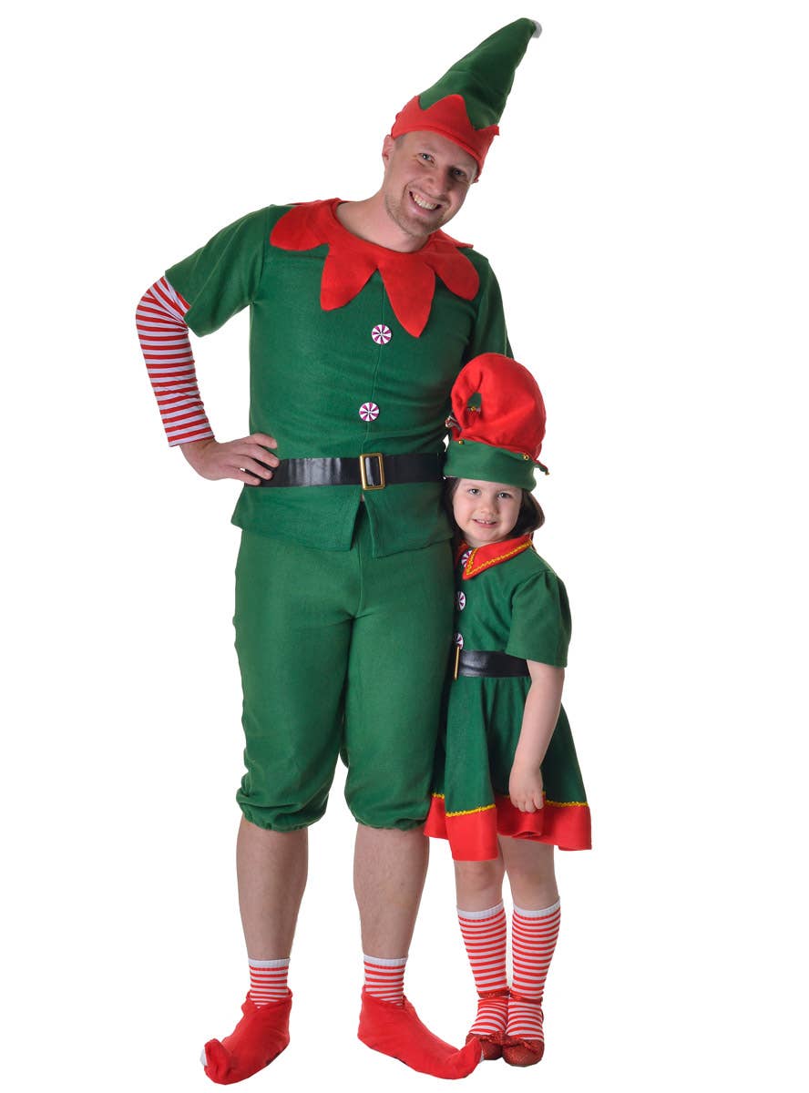 Image of Festive Green Christmas Elf Girl's Dress Up Costume - Family Image 1