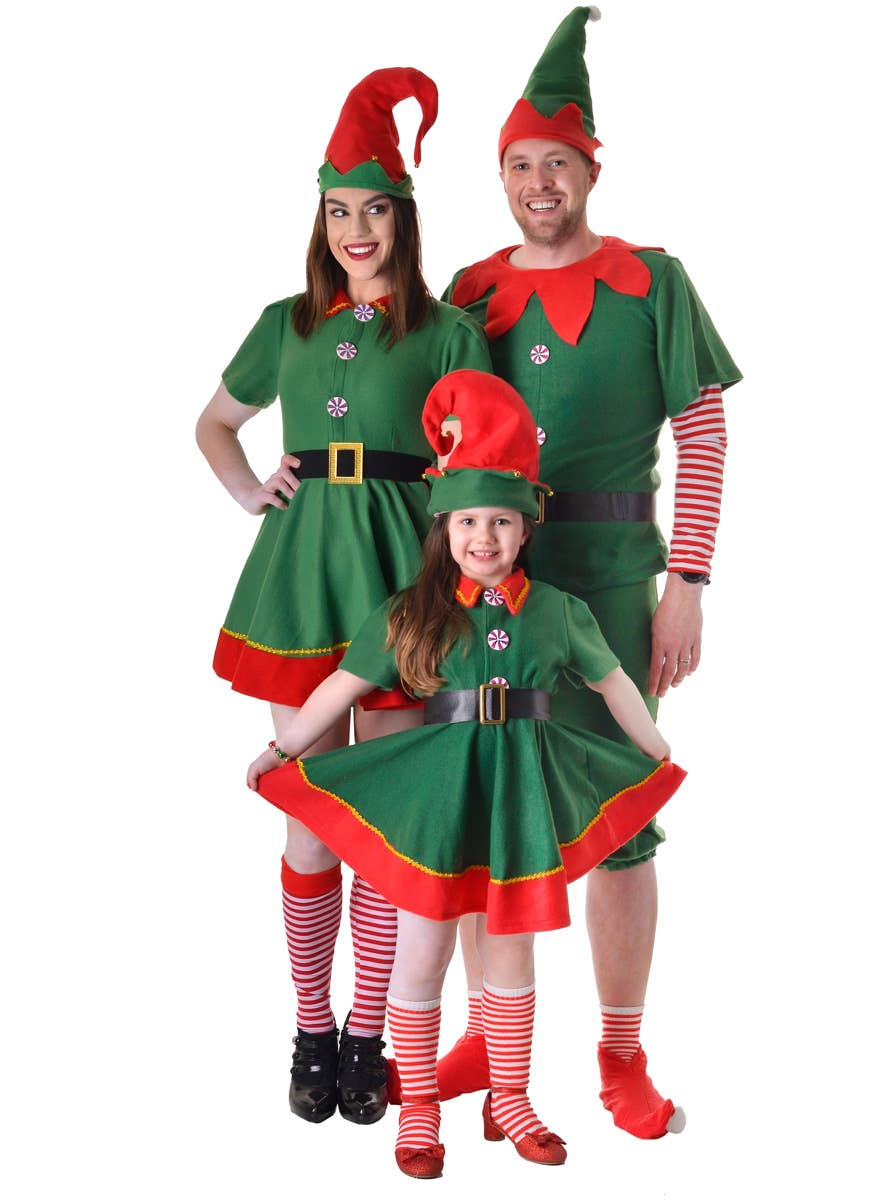 Image of Festive Green Christmas Elf Girl's Dress Up Costume - Family Image 2