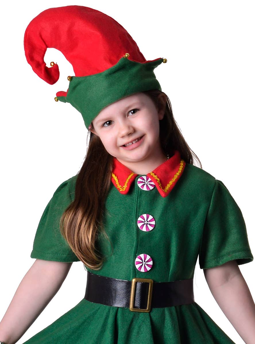 Image of Festive Green Christmas Elf Girl's Dress Up Costume - Close Image