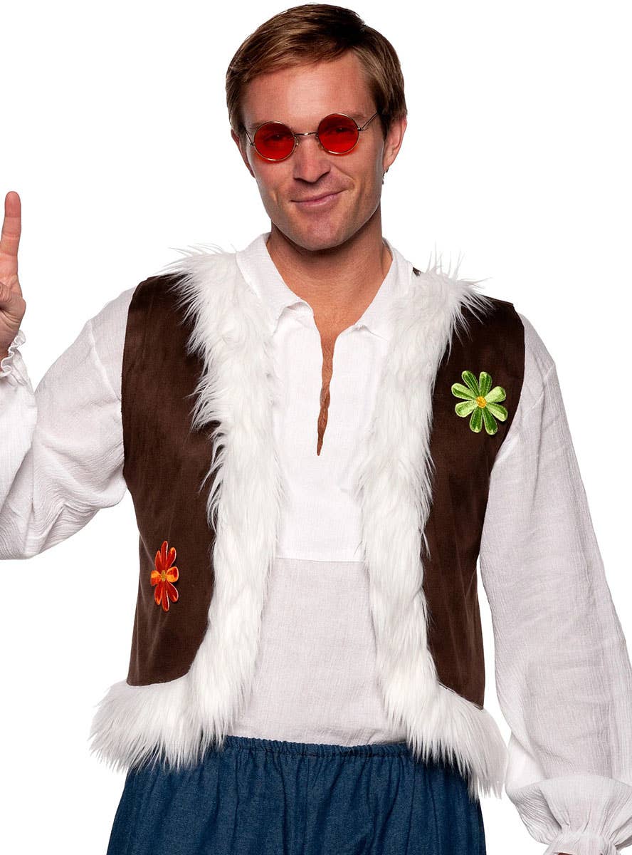 Image of Woodstock Mens 1970s Hippie Costume Vest with Fur