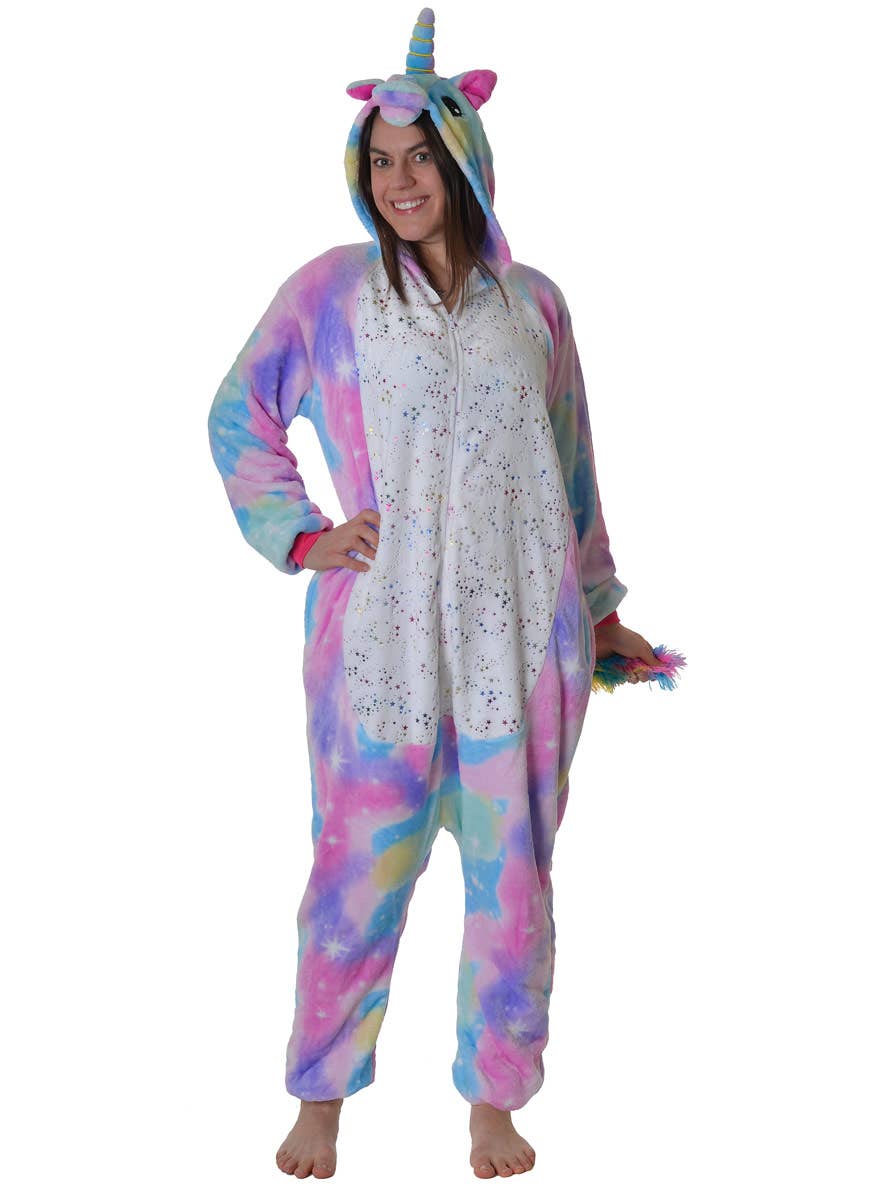 Image of Metallic Star Print Unicorn Onesie Adults Costume - Alternate Image