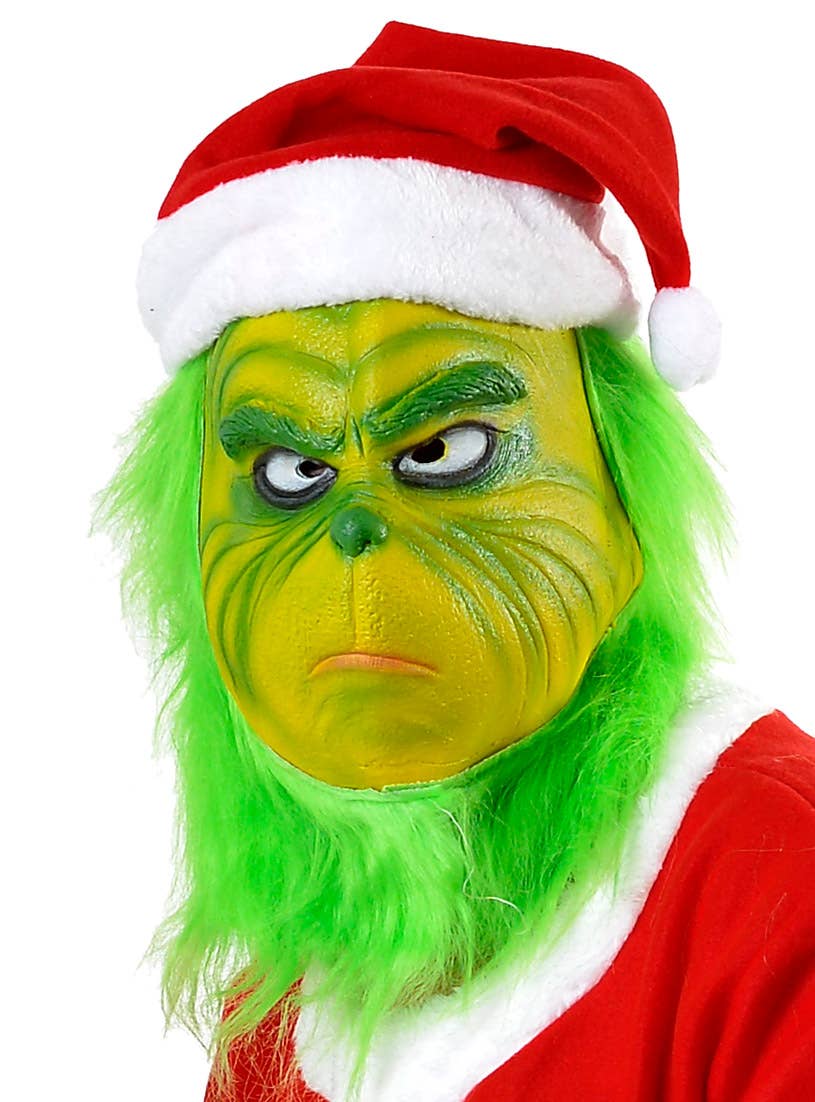 Image of Deluxe Rubber Latex Grinch Christmas Costume Mask - With Santa Hat Image