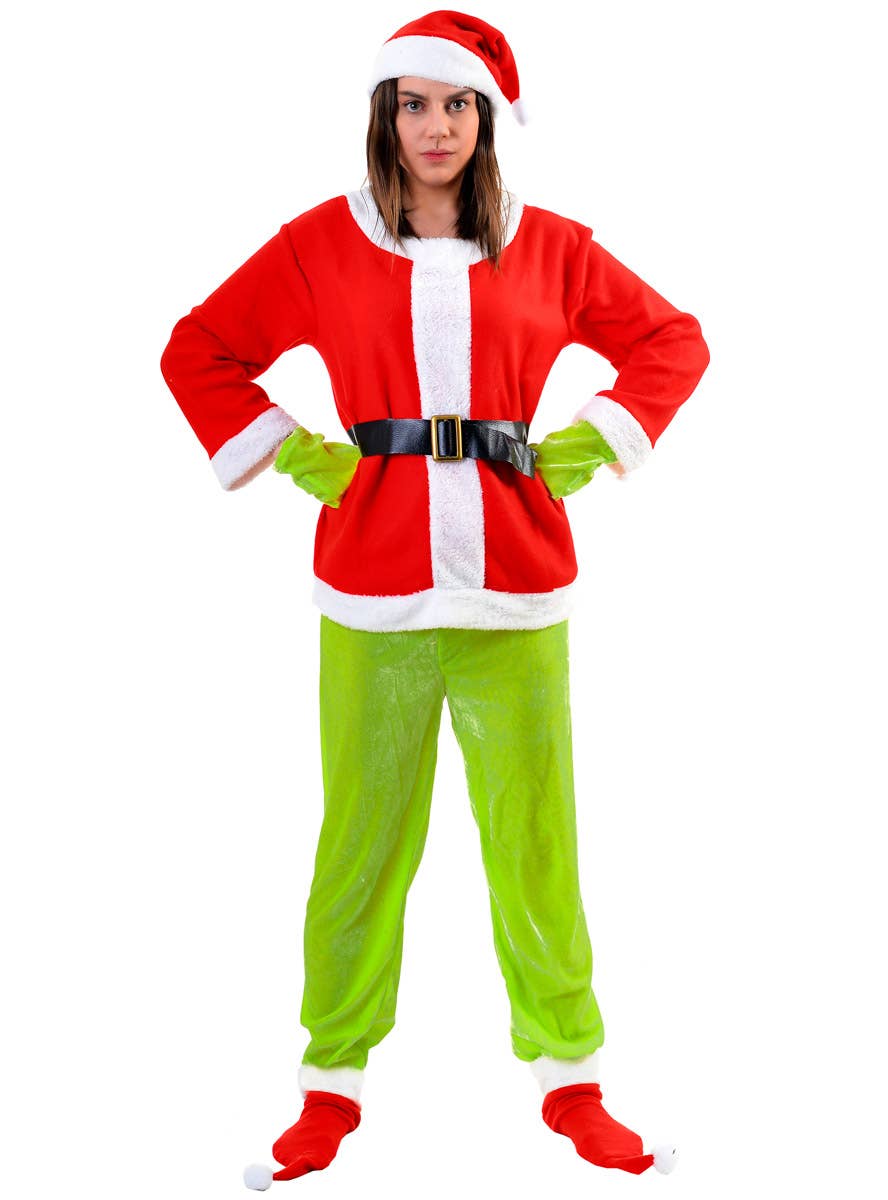 Image of Grinch Adult's Green and Red Santa Christmas Costume - Alternate Image 1