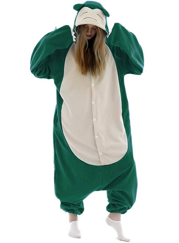 Adult Wearing a Snorlax Pokemon Onesie Costume with Long Sleeves and Hood
