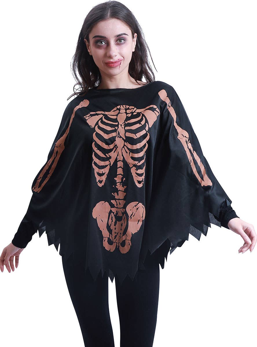 Image of Aged Skeleton Print Women's Halloween Costume Poncho - Close Image