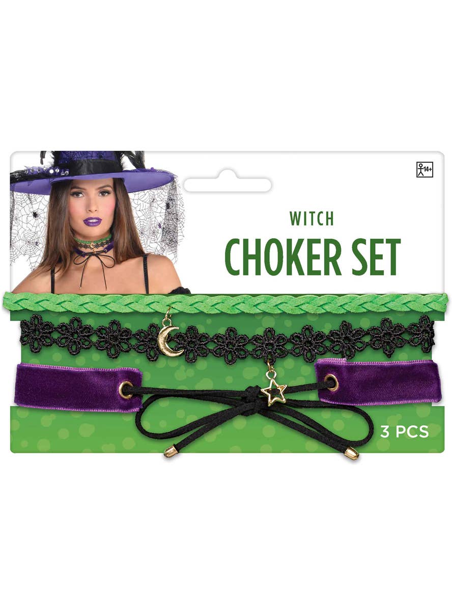 Image of Witch 3 Piece Purple and Green Choker Necklace Set