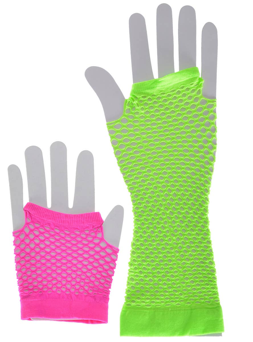 Image of 80s Accessory Totally 80s Mismatched Pink and Green Fishnet Gloves