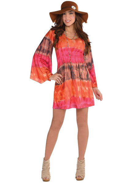 Womens Pink and Orange Woodstock Hippie Costume Dress - Main Image