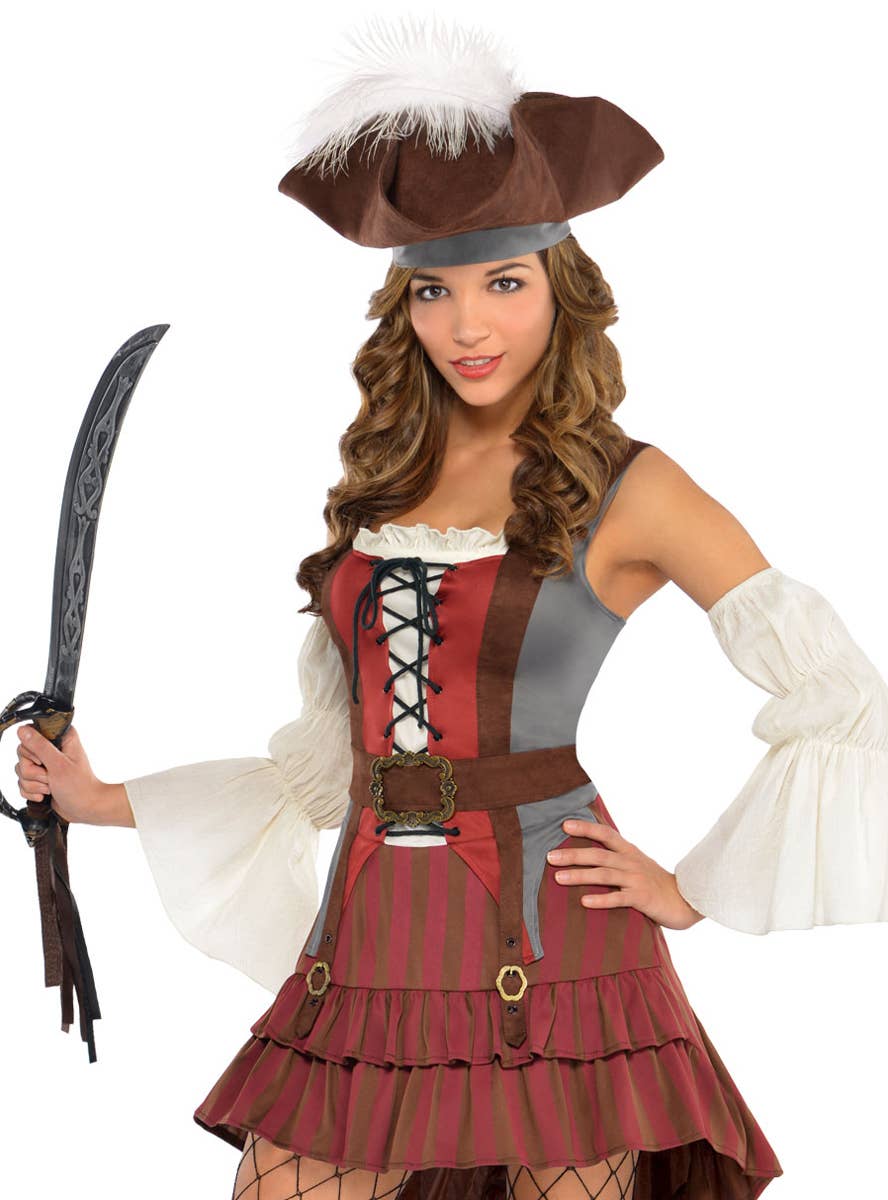 Womens Red and White Pirate Fancy Dress Costume - Close Image