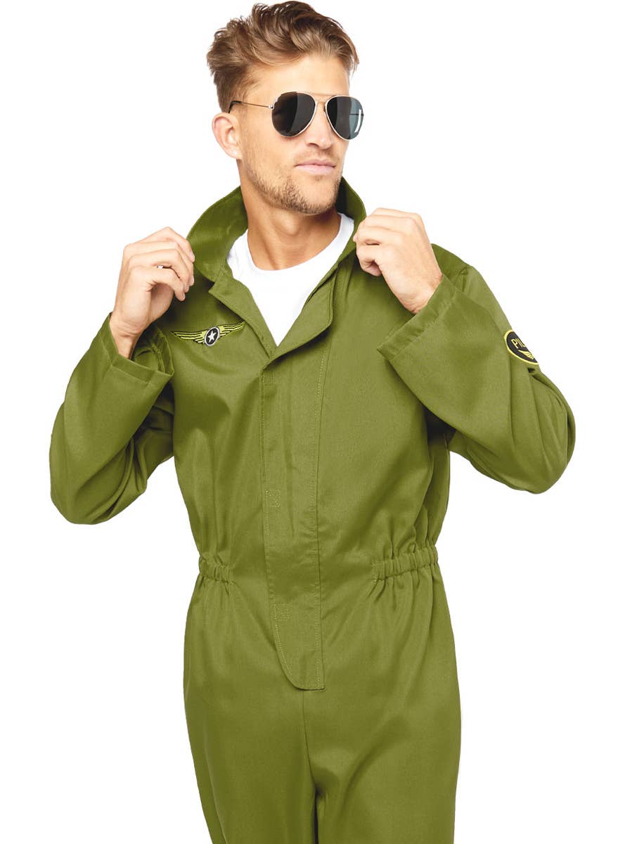 Mens Green Flight Suit Top Gun Fancy Dress Costume - Close Image