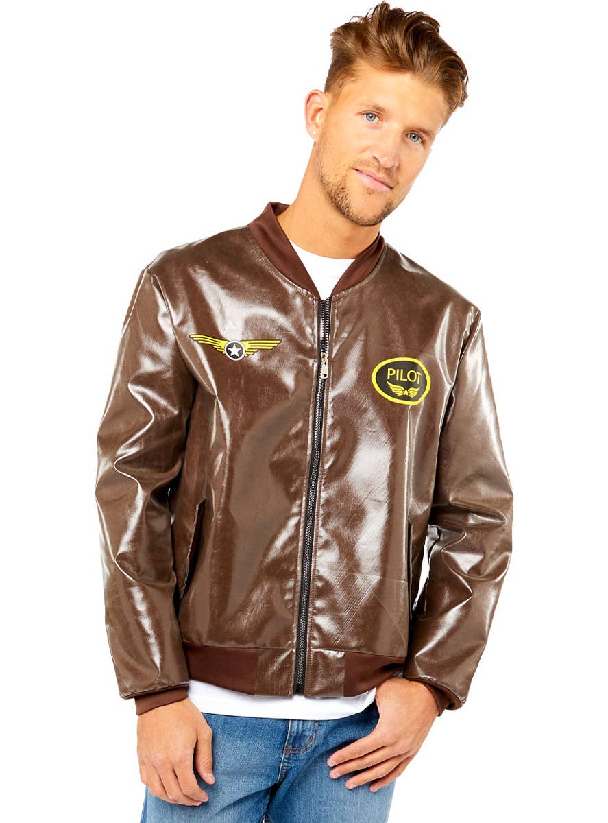 Mens Brown Leather Look Top Gun Bomber Jacket Costume - Close Image