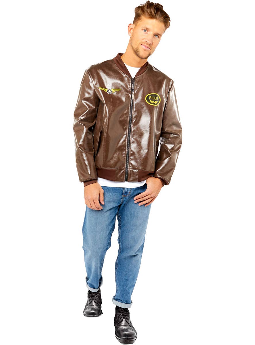 Mens Brown Leather Look Top Gun Bomber Jacket Costume - Main Image