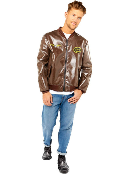 Mens Brown Leather Look Top Gun Bomber Jacket Costume - Main Image