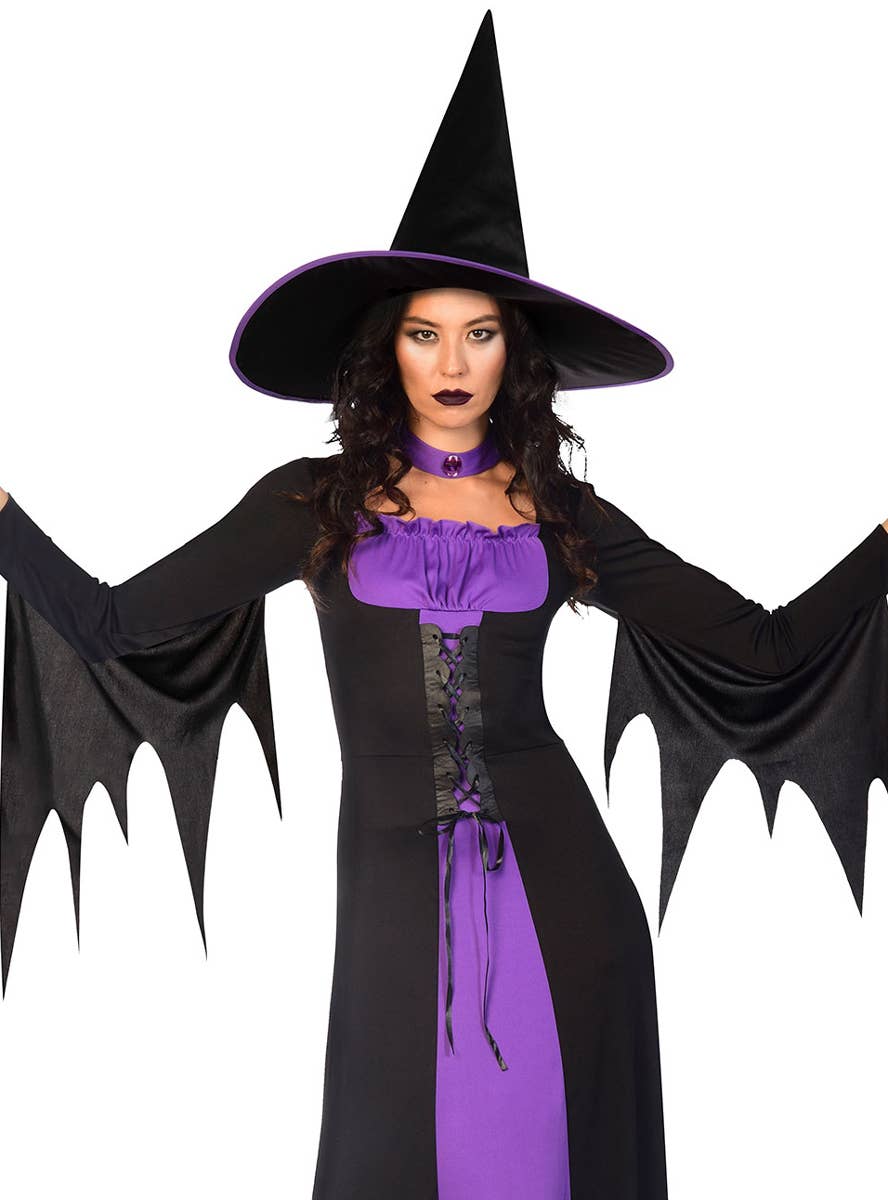 Image of Classic Black and Purple Witch Plus Size Women's Halloween Costume - Alternate Image