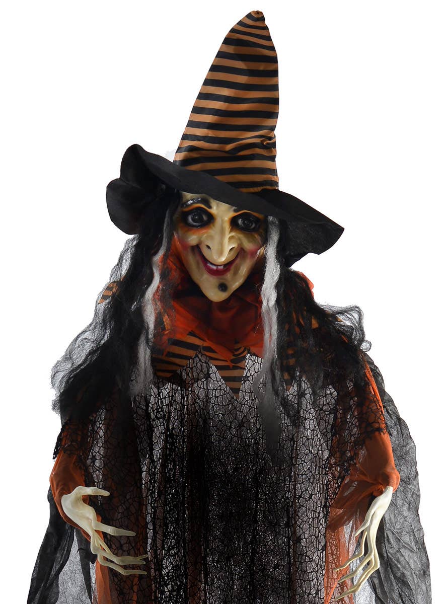 Image of Animated Hanging Orange Witch Halloween Decoration - Close Image