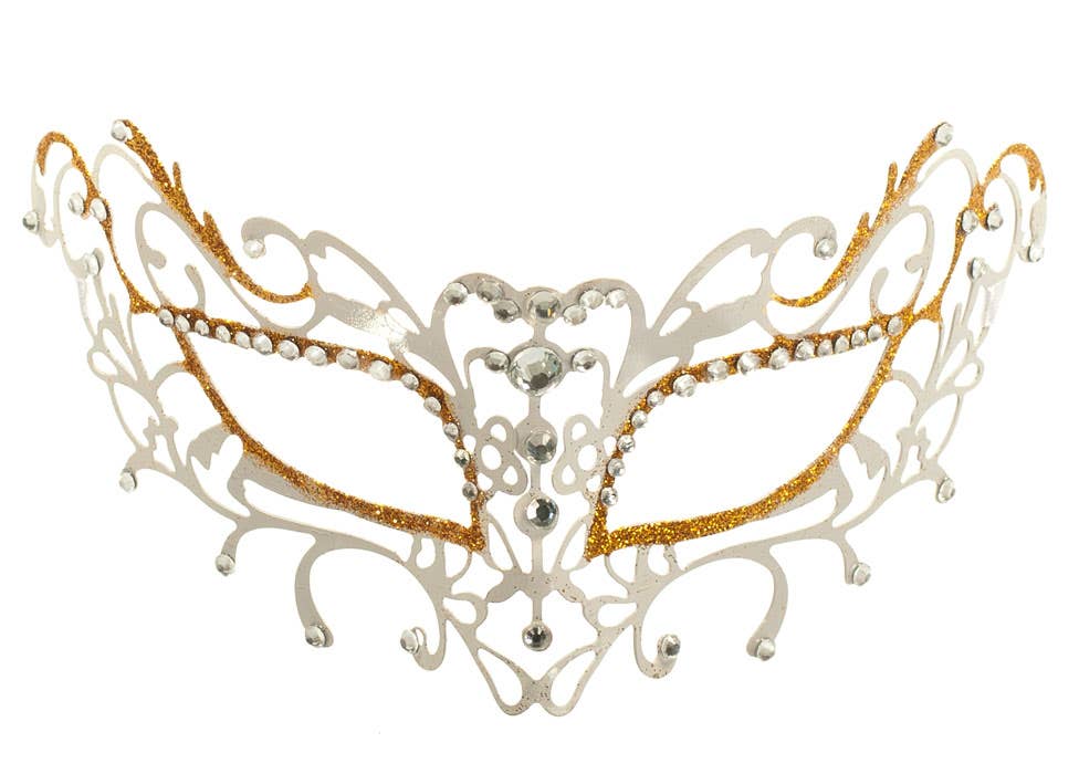 Womens White and Gold Antique Laser Cut Metal Masquerade Ball Mask - Zoom Image