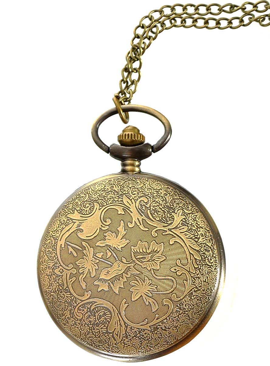 Image of Novelty Gold Pocket Watch on Chain Costume Accessory - Close Back View