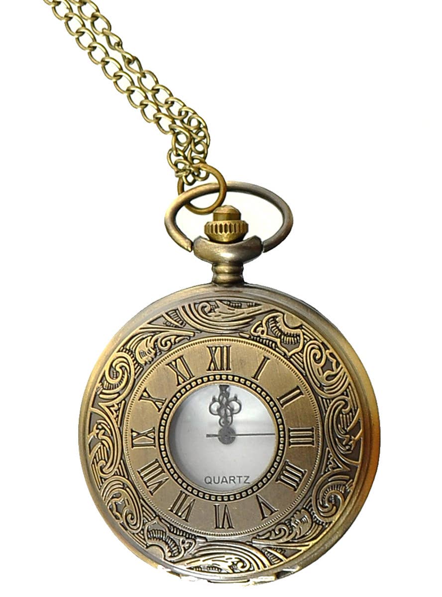 Image of Novelty Gold Pocket Watch on Chain Costume Accessory - Close Front View