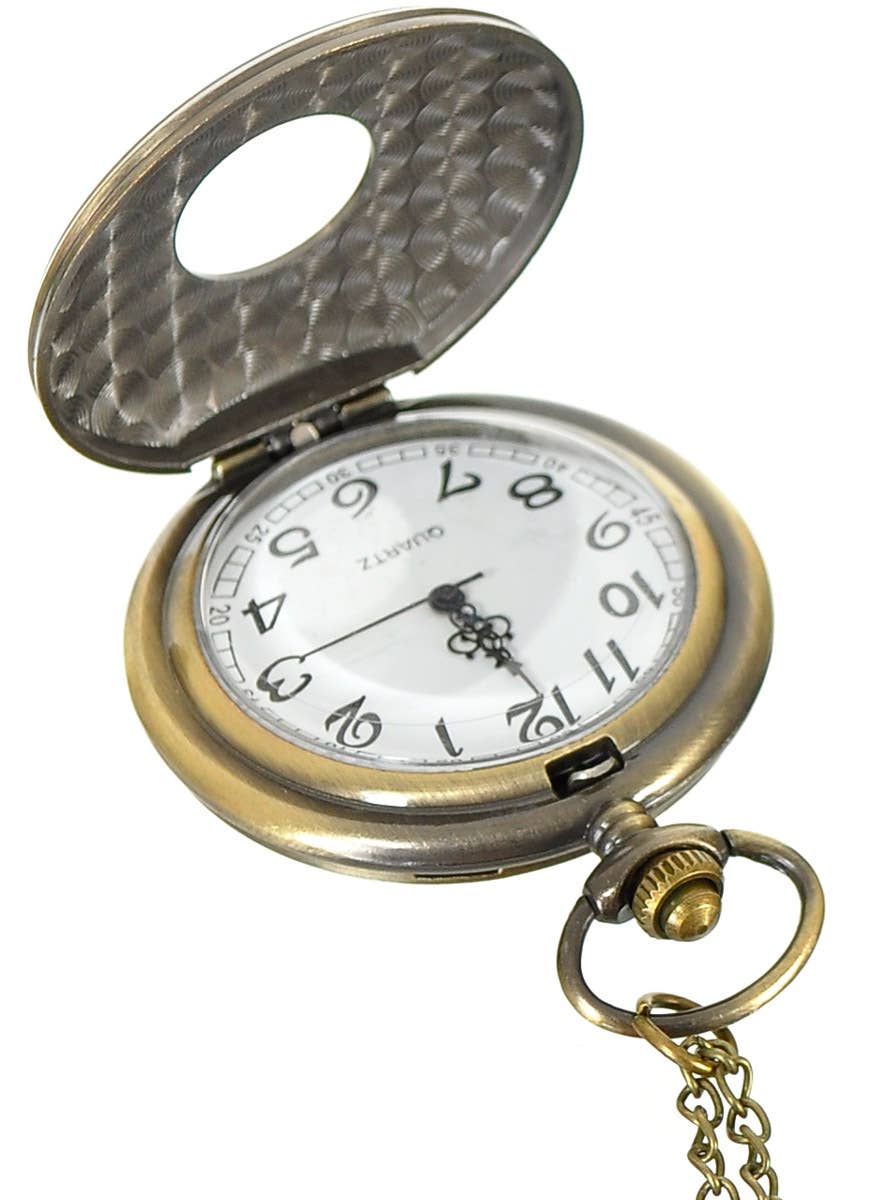 Image of Novelty Gold Pocket Watch on Chain Costume Accessory - Close Open View