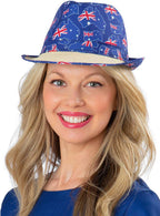 Image of Blue Australian Flag Print and Woven Straw Trilby Hat