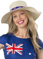 Image of Floppy Straw Sun Hat with Aussie Flag Print Band