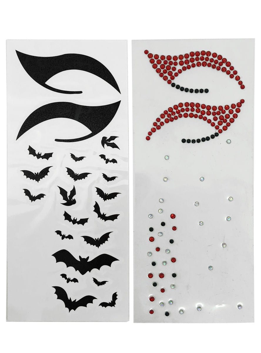 Red And Black Bats Halloween Temporary Tattoos And Face Jewels Set - Alternative Image