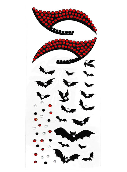 Red And Black Bats Halloween Temporary Tattoos And Face Jewels Set - Main Image