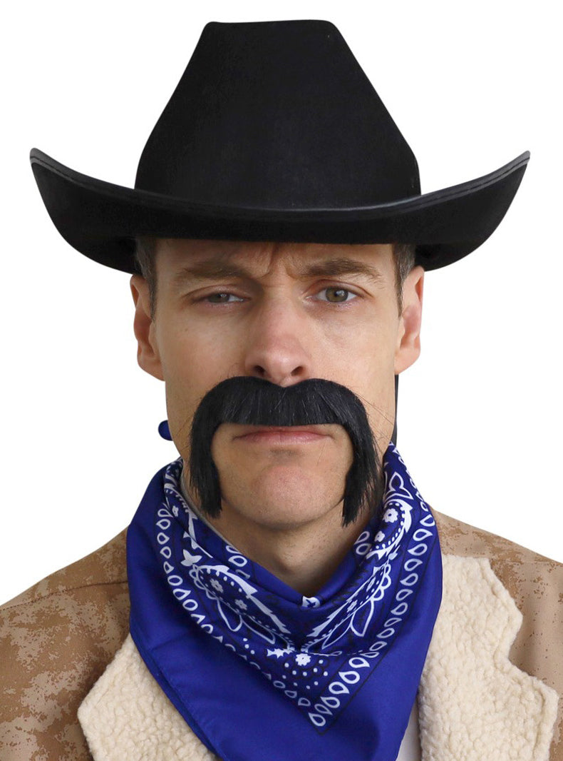 Novelty Stick On Big Black Handlebar Costume Moustache - Cowboy Image 