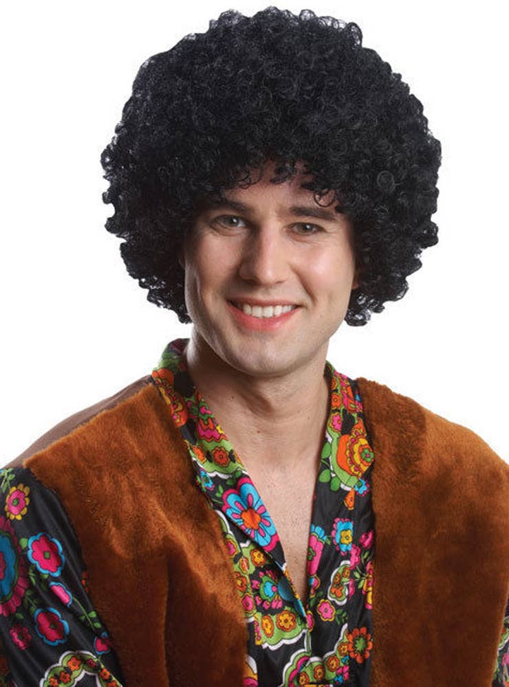 Adults Black 1970s Hippie Costume Wig - Main Image