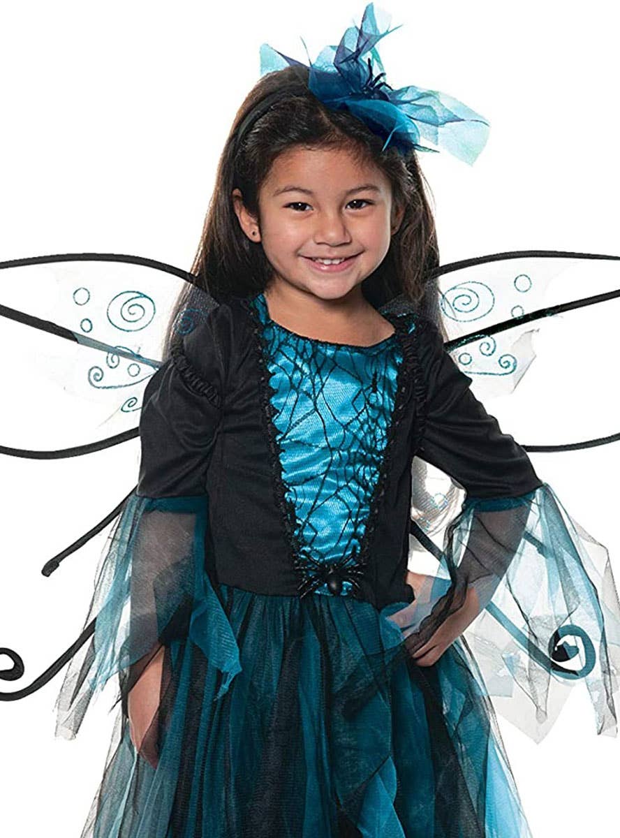 Image of Spider Fairy Girls Black and Blue Halloween Costume - Close Image